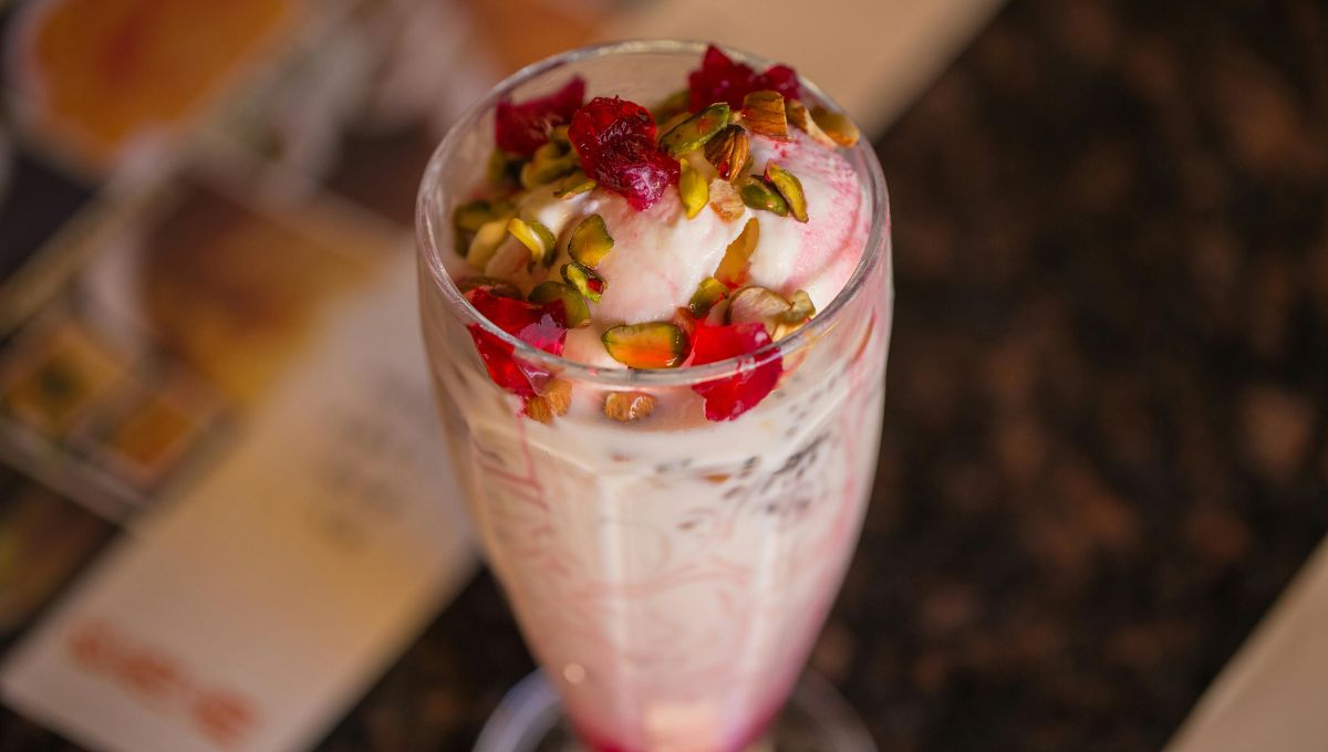 Kulfi falooda recipe with rose syrup, basil seeds, and pistachios