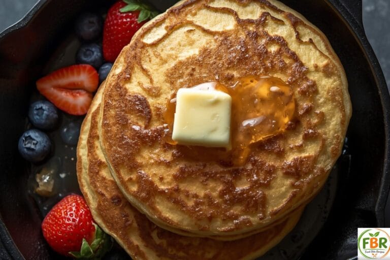 Fluffy pancakes with butter and berries in a skillet.