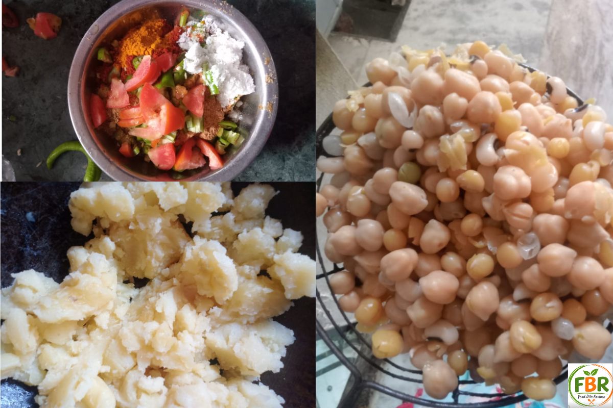 Ingredients preparation for homemade chole bhature including boiled chickpeas spices and mashed potatoes