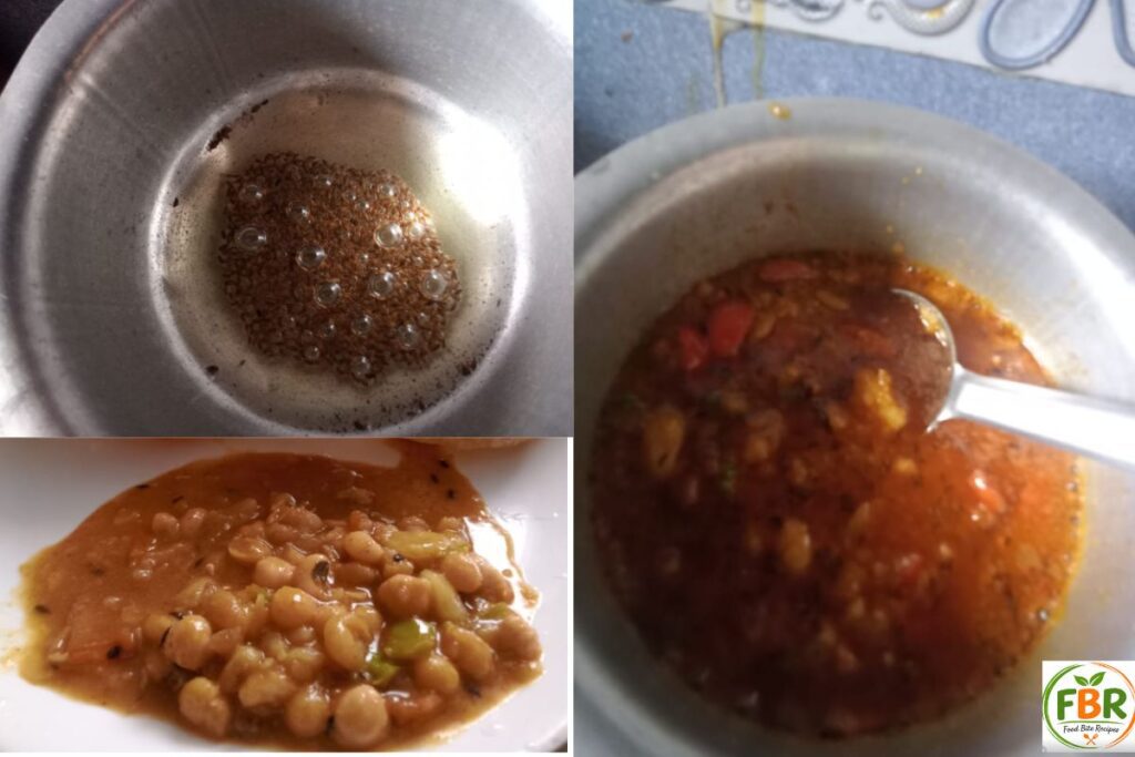 Sizzling cumin seeds in oil and simmering spicy tomato onion masala for chole