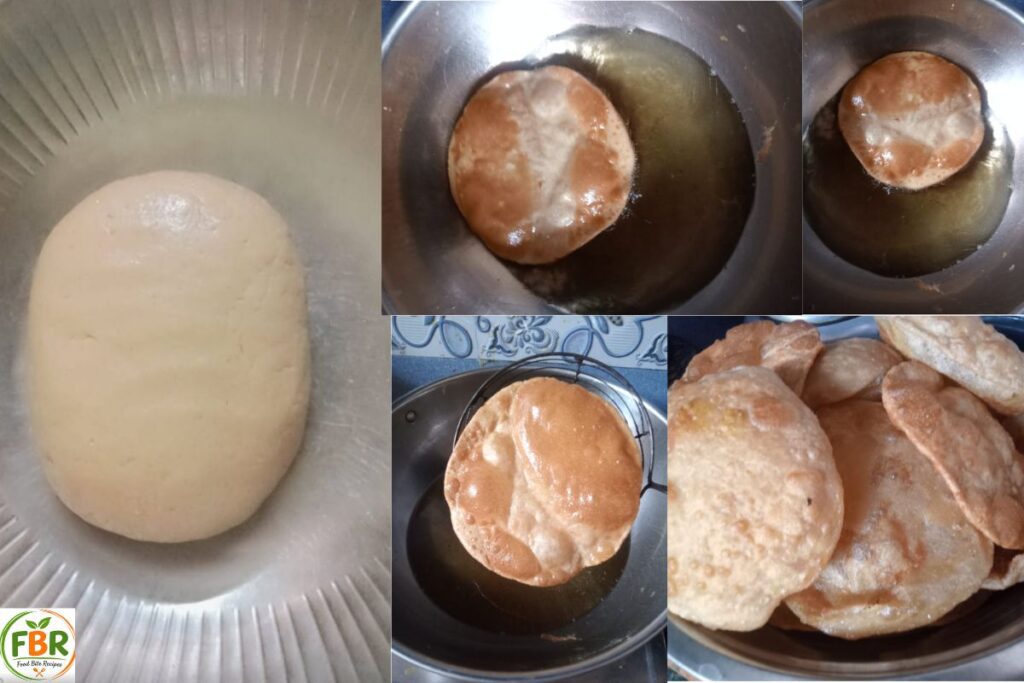 Step-by-step process of making homemade crispy bhature from dough to puffed fried bread